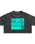 Indigiqueer Pride Indigenous and Queer Pride Turquoise Word Block Snow Washed Crop Top Snow Washed Crop Top