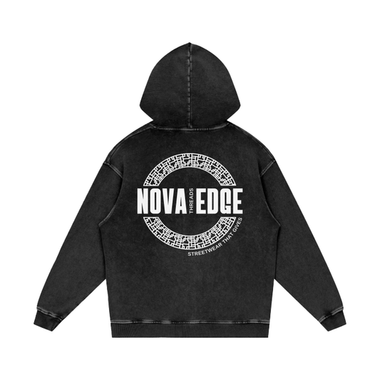 Nova Edge Threads Logo Sweatshirt Intersectional Pride Streetwear Black Acid Wash Oversize Hoodie - 420 GSM