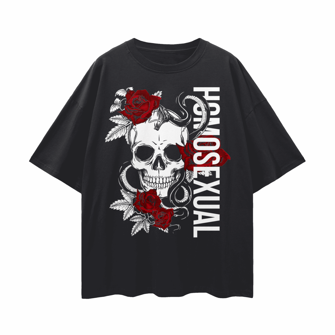 Homosexual Gay Pride T-Shirt Skull and Roses Tattoo Inspired Design on front of Black Oversize Tee Oversize Deep Drop Shoulder Tee - 190 GSM