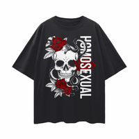 Homosexual Gay Pride T-Shirt Skull and Roses Tattoo Inspired Design on front of Black Oversize Tee Oversize Deep Drop Shoulder Tee - 190 GSM