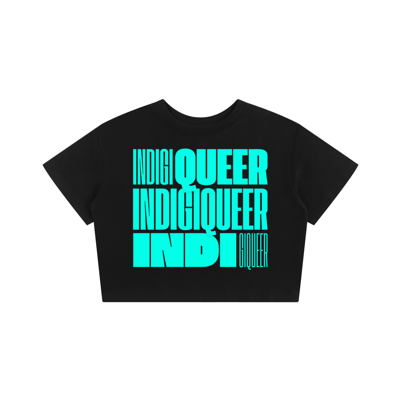 Indigiqueer Pride Turquoise Word Art on Black Baby Tee Seamless T-Shirt Baby Tee Seamless Tee