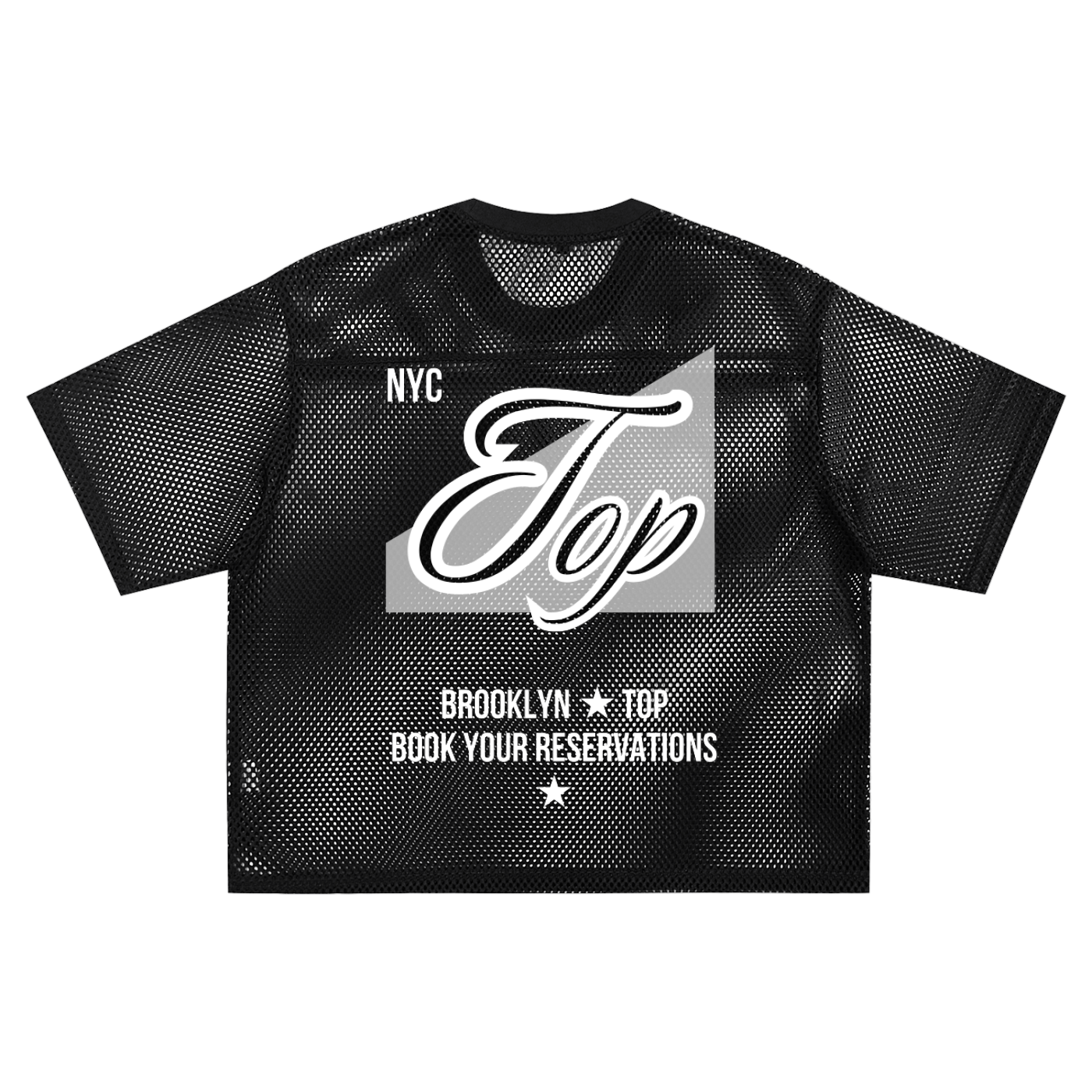 NYC Top Brooklyn Book your reservations on back of Black See-through Boxy Net T-shirt See-through Boxy Net T-Shirt