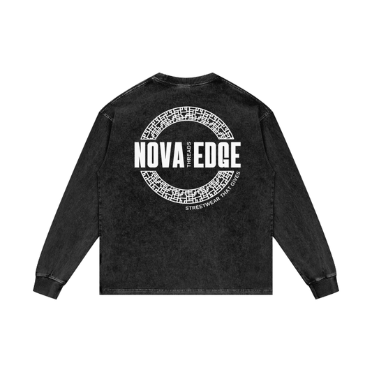 Nova Edge Threads Logo Black Acid Wash Oversize Long Sleeve T-Shirt - 250 GSM