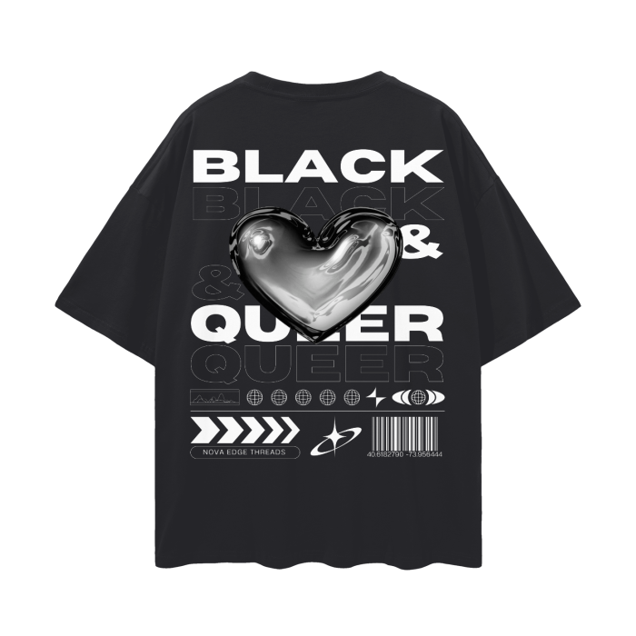 Camiseta gráfica estilo urbano con orgullo interseccional negro y queer en la parte posterior de la camiseta negra de gran tamaño con hombros caídos profundos - 190 GSM