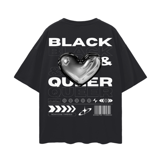 Black & Queer Intersectional Pride Gear Streetwear Style Graphic Tee on back of Black Oversize Deep Drop Shoulder Tee - 190 GSM