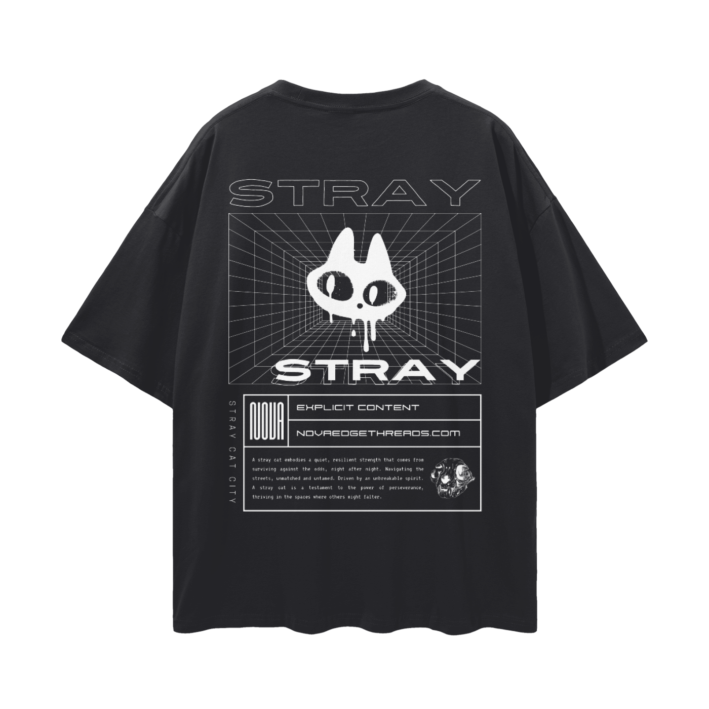 Stray Cat Streetwear T-Shirt Wild Cat Outsider Black Oversize Tee Oversize Deep Drop Shoulder Tee - 190 GSM