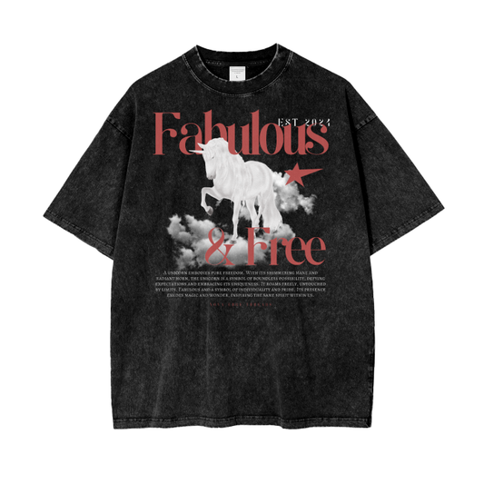 Fabulous and Free Graphic Tee LGBTQ+ Pride Vintage Unicorn T-Shirt Streetwear Style on Black Acid Wash Oversize T-Shirt - 250 GSM