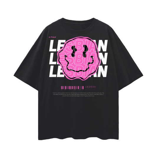 Lesbian Pride T-Shirt Streetwear Style Black Pink Smiley on Black Oversize Deep Drop Shoulder Tee - 190 GSM