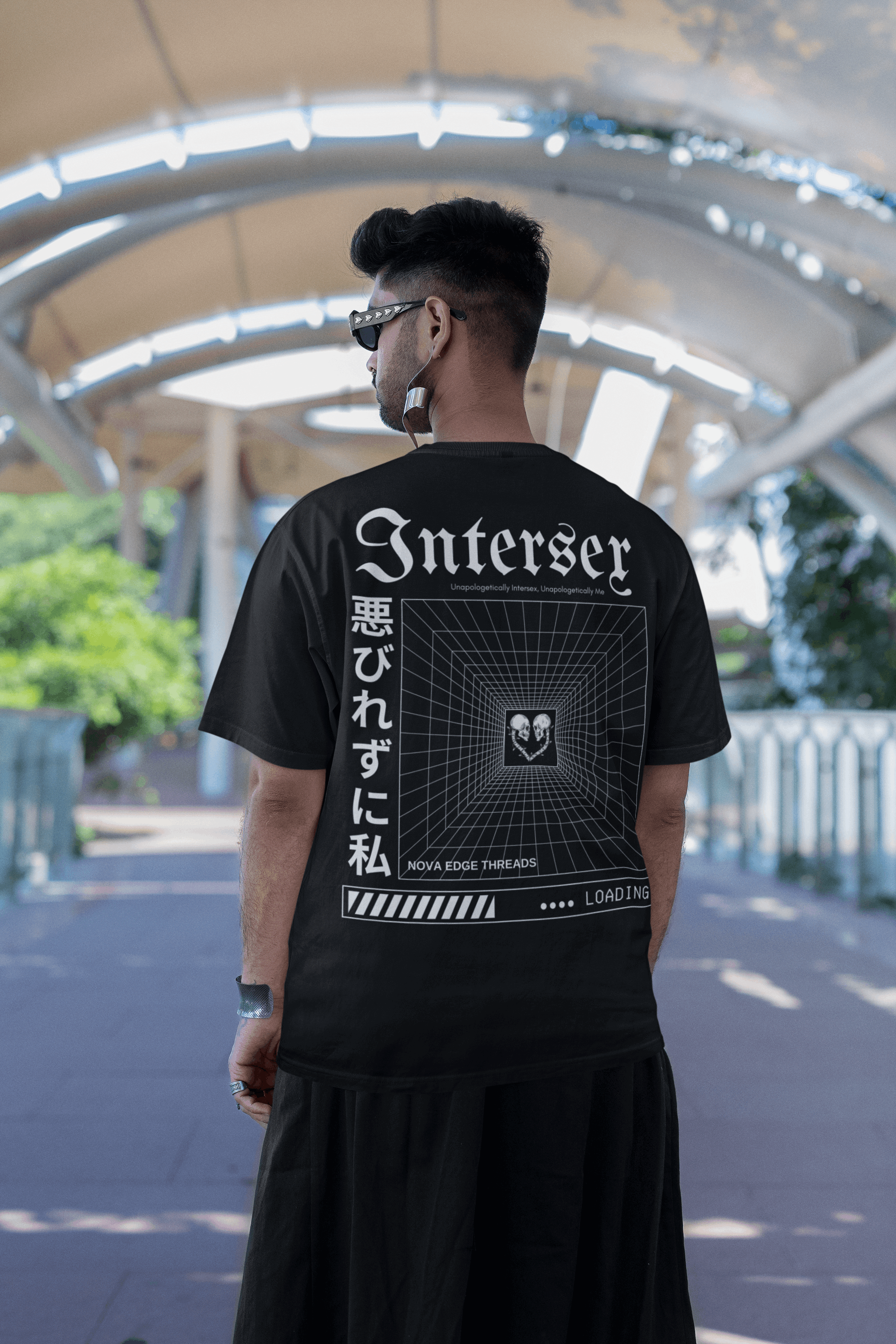 Unapologetically Intersex Japanese Streetwear Style on back of Black Oversize Deep Drop Shoulder Tee
