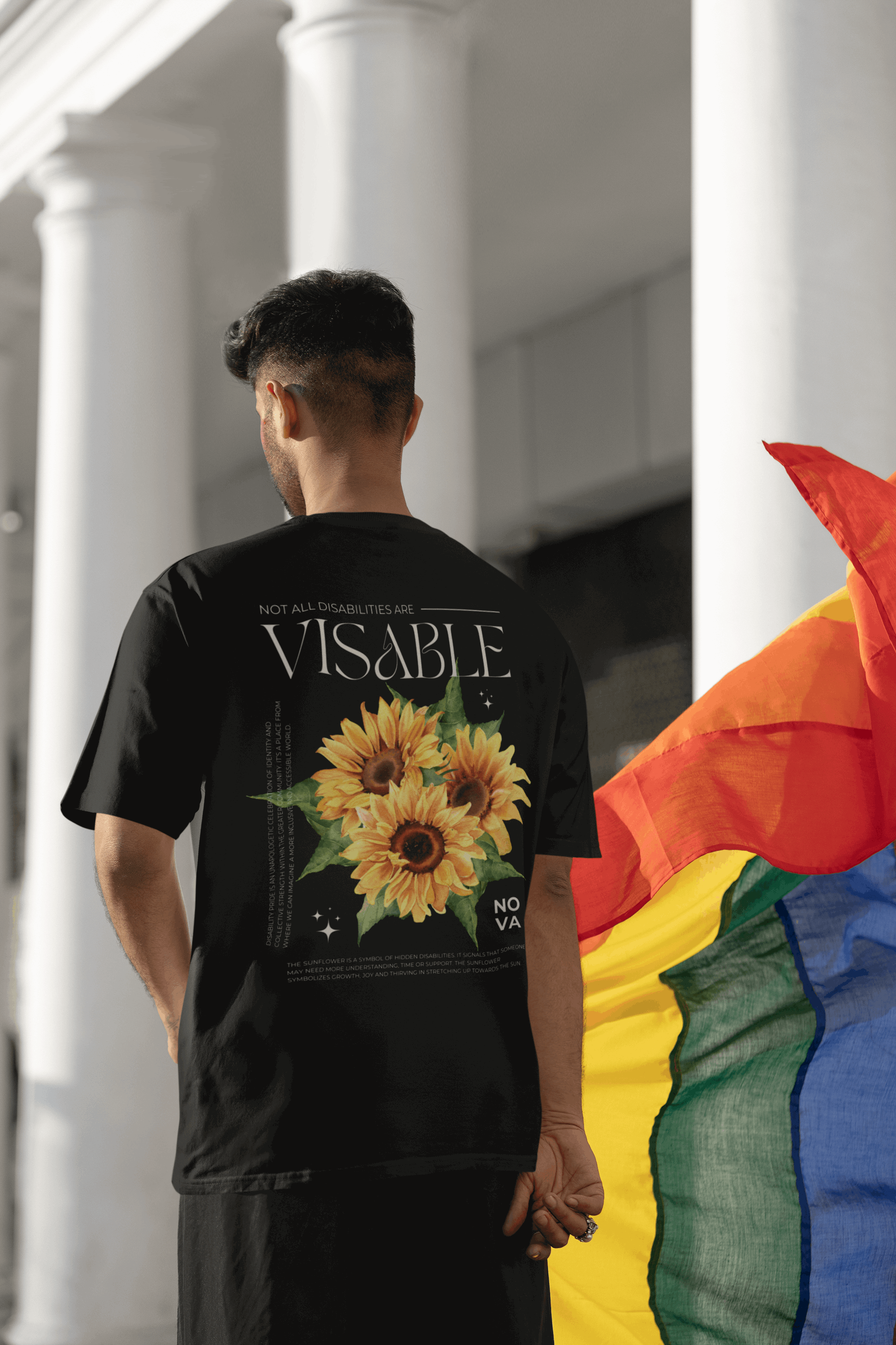 Sunflower Hidden Disabilities Pride Shirt on back of Black Oversize Deep Drop Shoulder Tee Oversize Deep Drop Shoulder Tee - 190 GSM