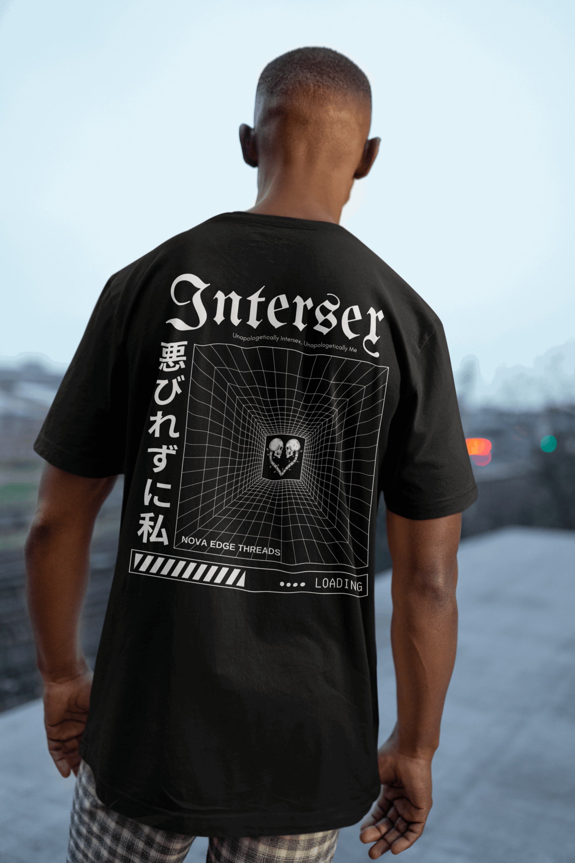 Unapologetically Intersex Japanese Streetwear Style on back of Black Oversize Deep Drop Shoulder Tee