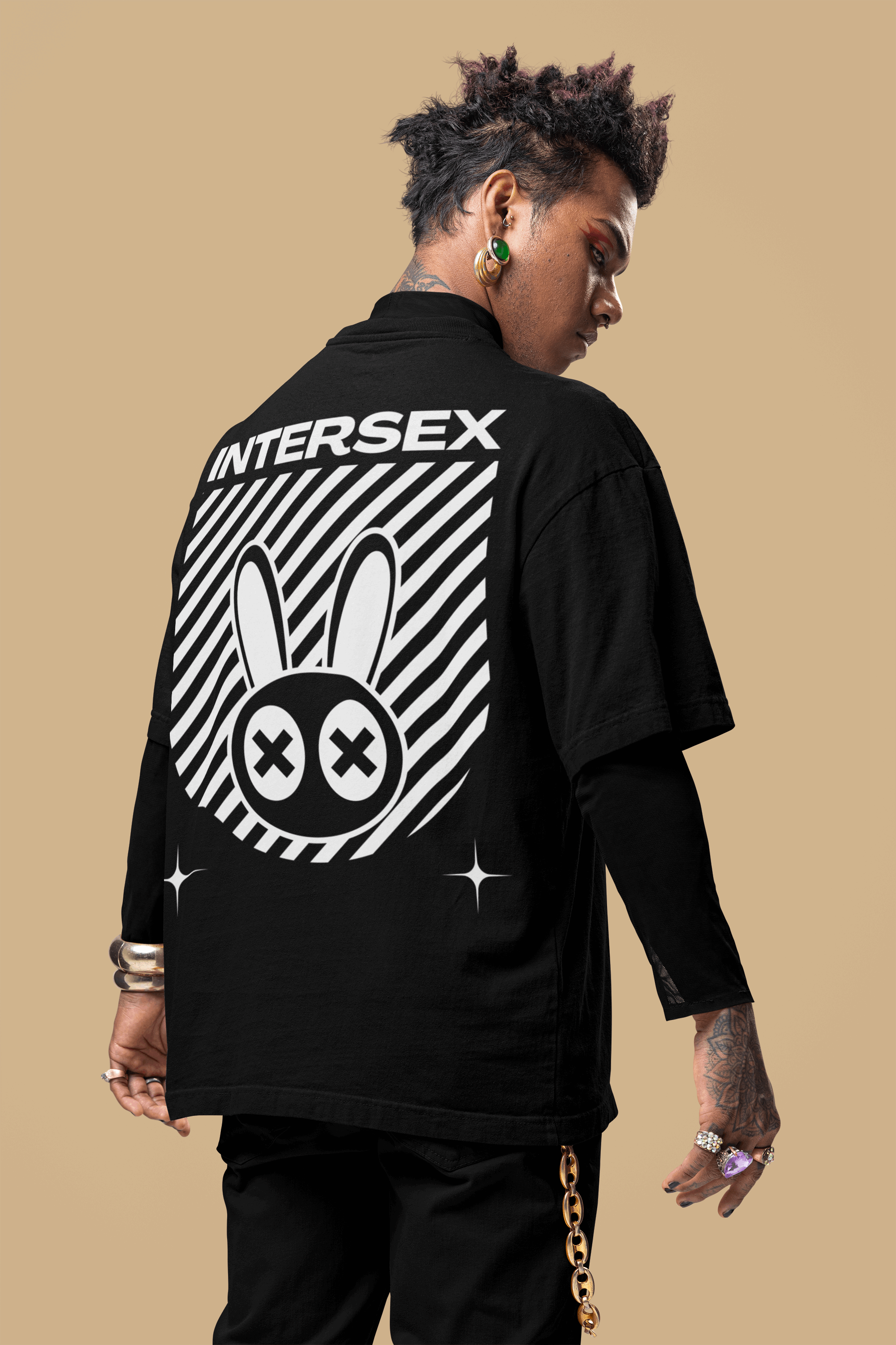 Intersex Pride Graphic T-Shirt Streetwear Style on back of Black Oversize Deep Drop Shoulder Tee