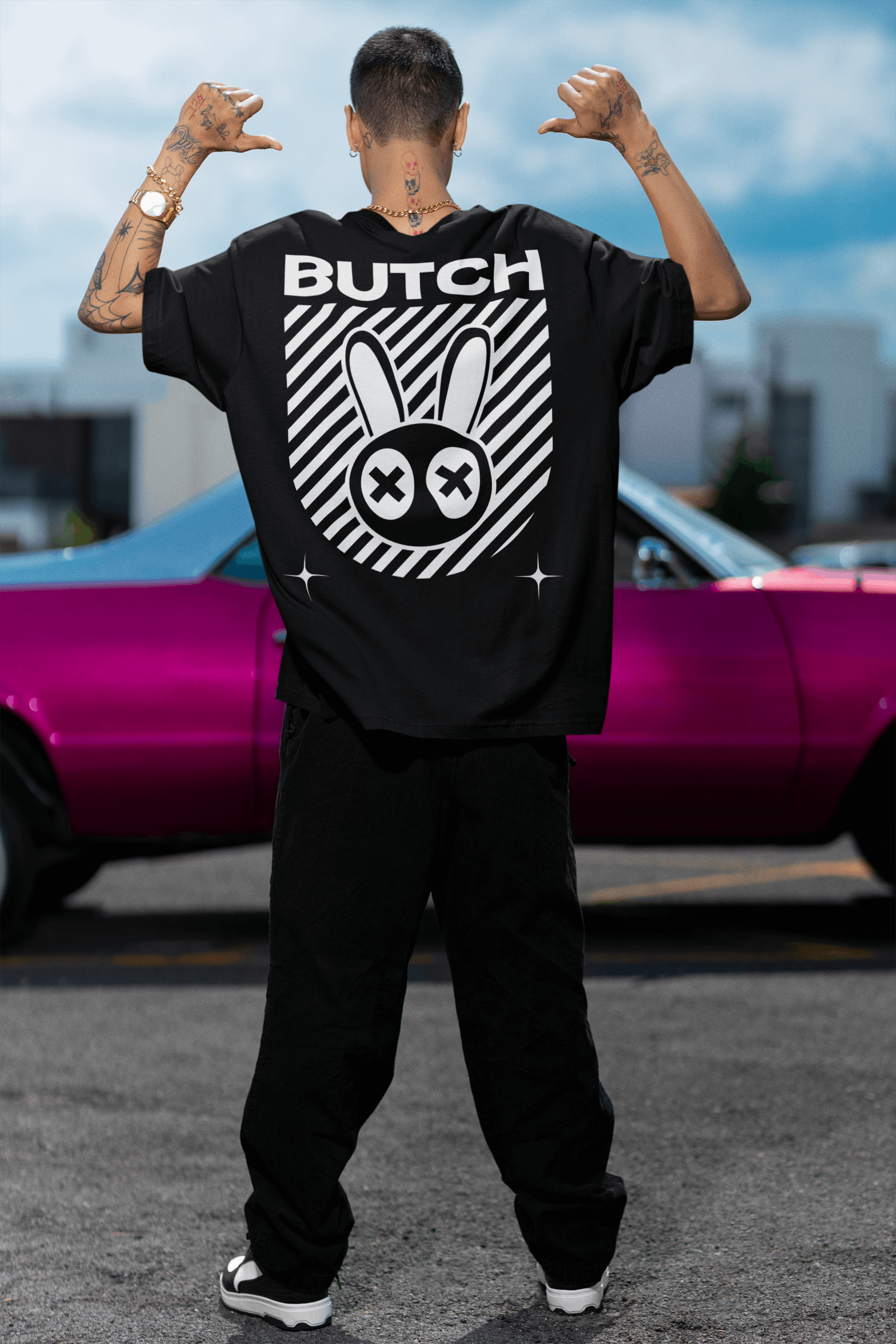 Butch Pride Graphic T-Shirt Mad Rabbit Style on back of Black Oversize Deep Drop Shoulder Tee