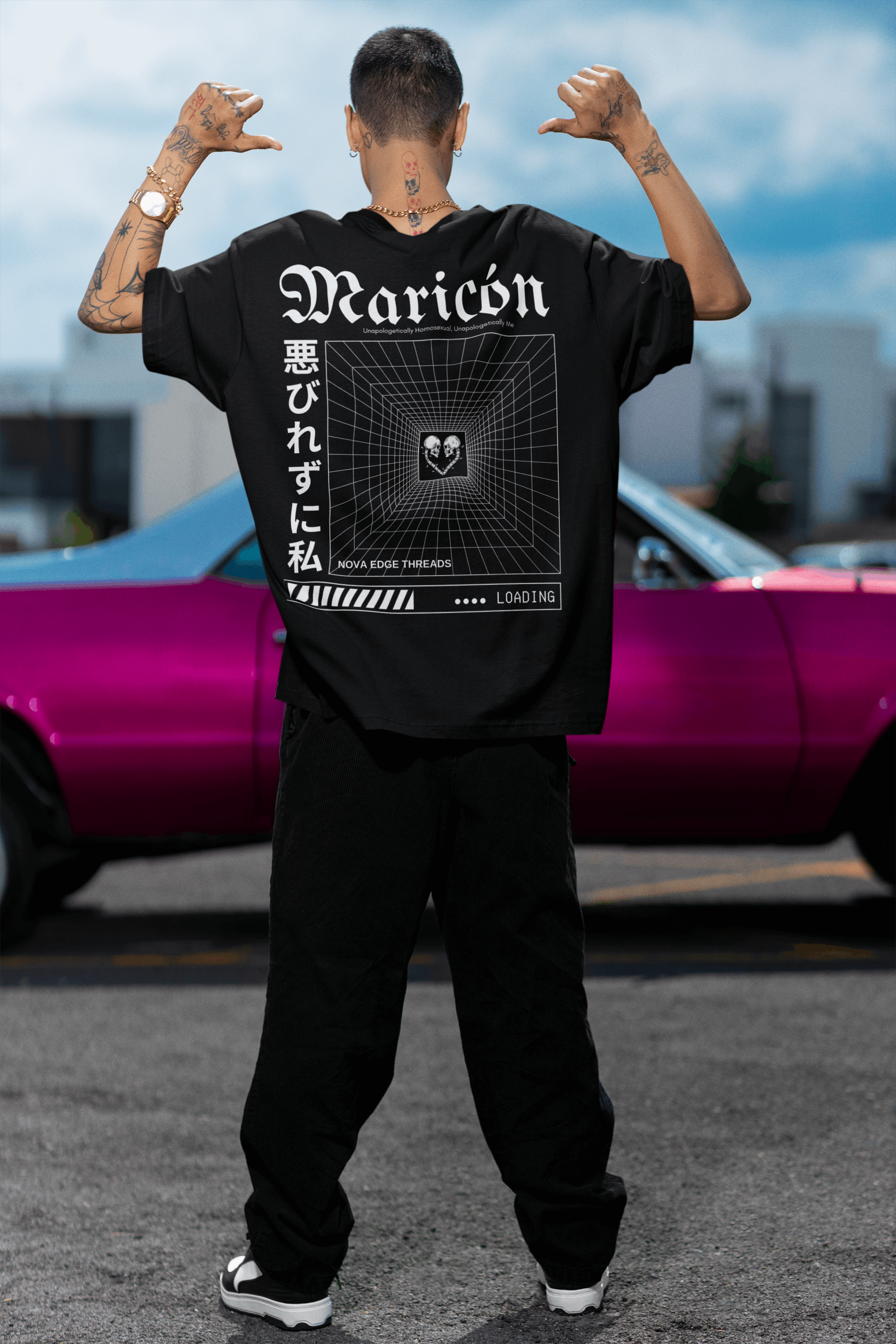 Unapologetically Maricón Japanese Streetwear Style on back of Black Oversize Deep Drop Shoulder Tee