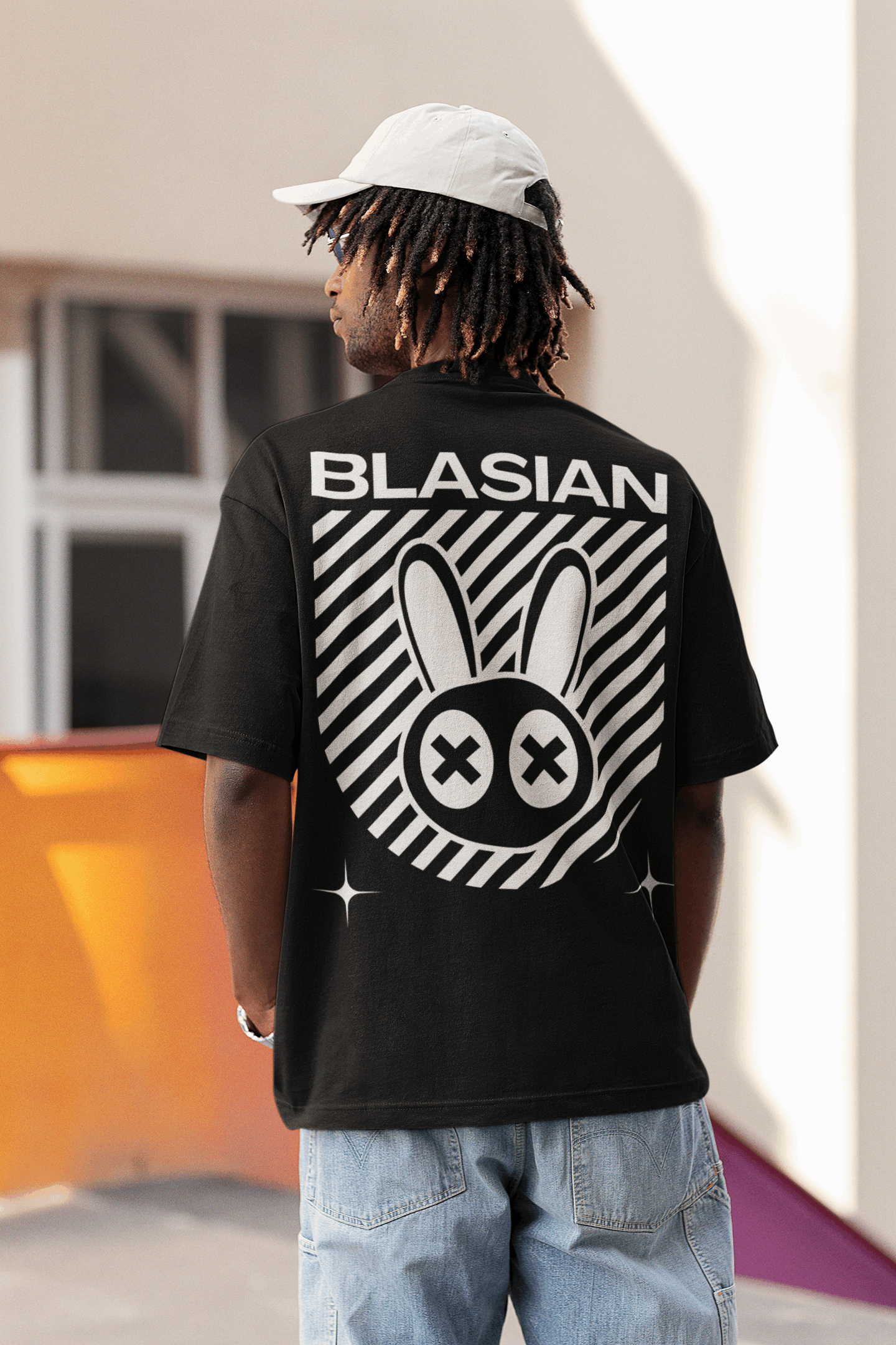 Blasian Pride Mad Rabbit Streetwear Design on back of Black Oversize Deep Drop Shoulder Tee