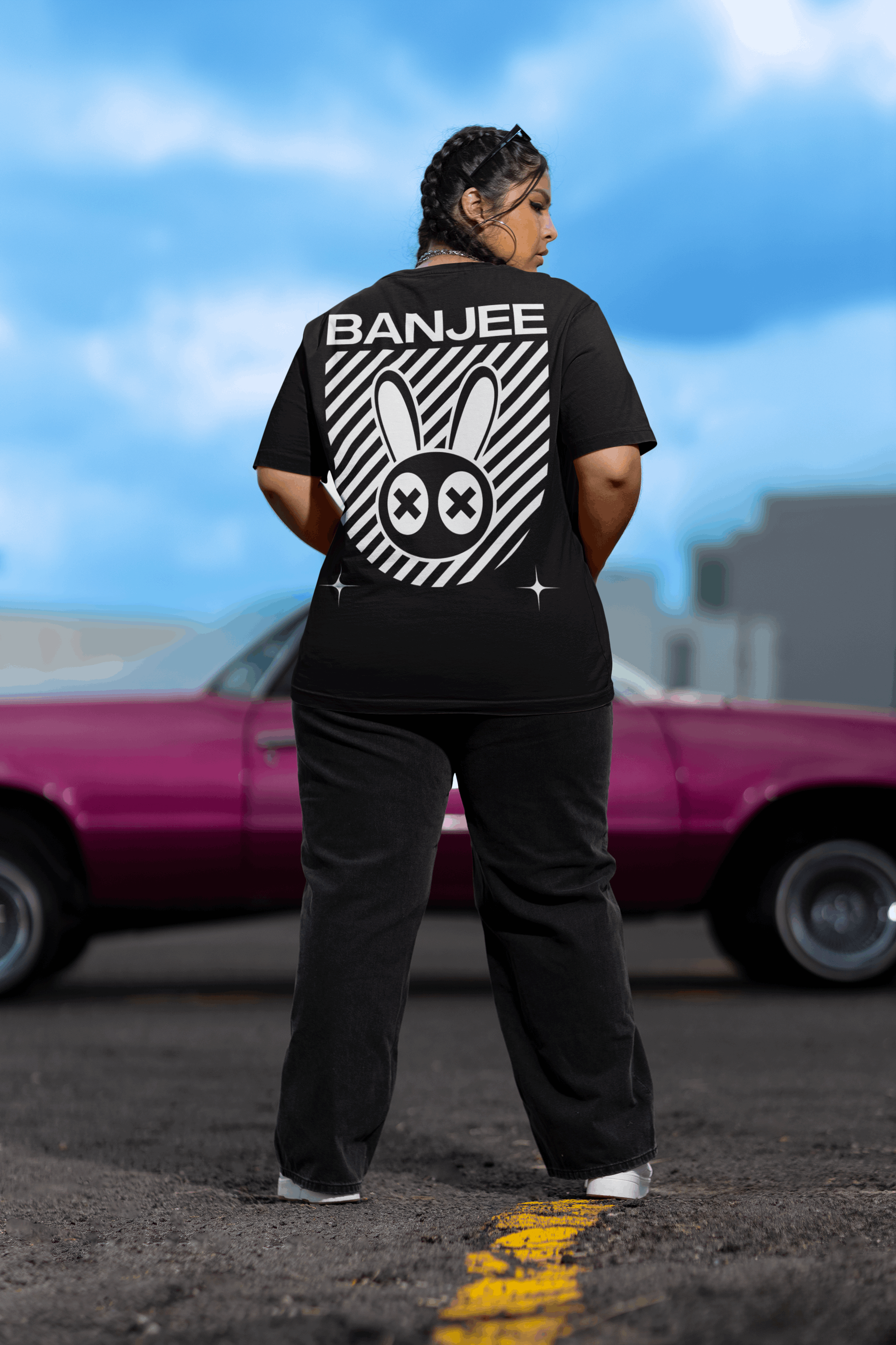 Banjee T-shirt Mad Rabbit Style Hip Hop Street Swagger on back of Black Oversize Deep Drop Shoulder Tee