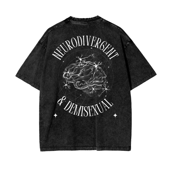 Neurodivergent and Demisexual Graphic Tee on Black Acid Wash Oversize T-Shirt - 250 GSM