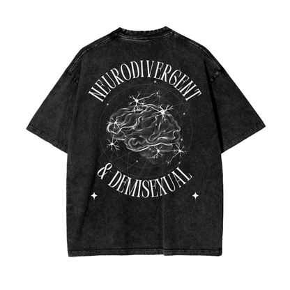 Neurodivergent and Demisexual Graphic Tee on Black Acid Wash Oversize T-Shirt - 250 GSM