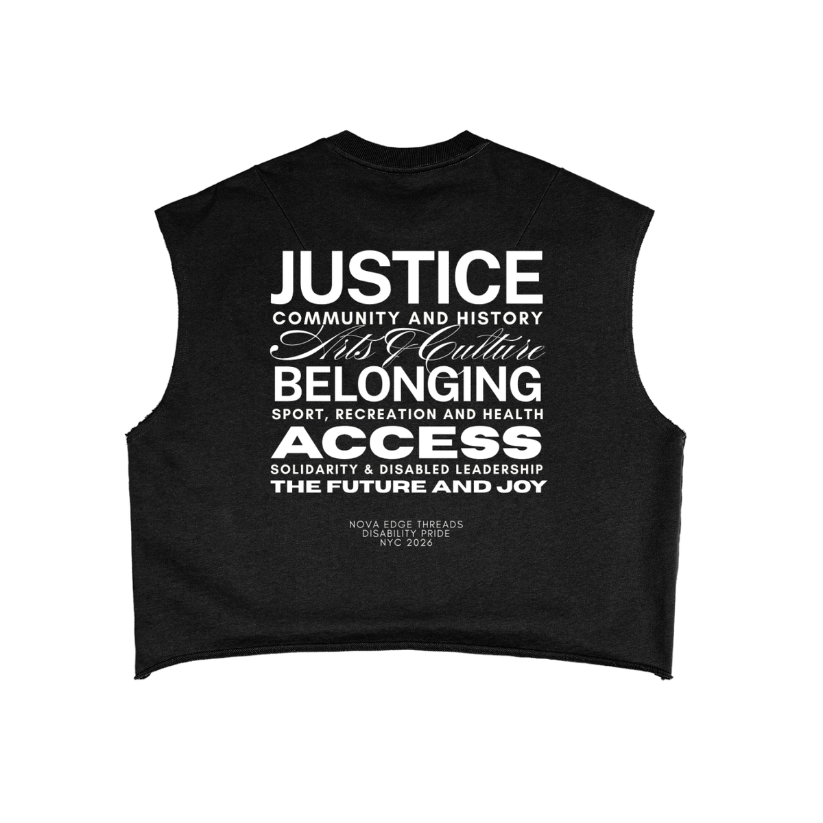 Disability Pride 2026 Themes on Back of Black French Terry Boxy Tank Top