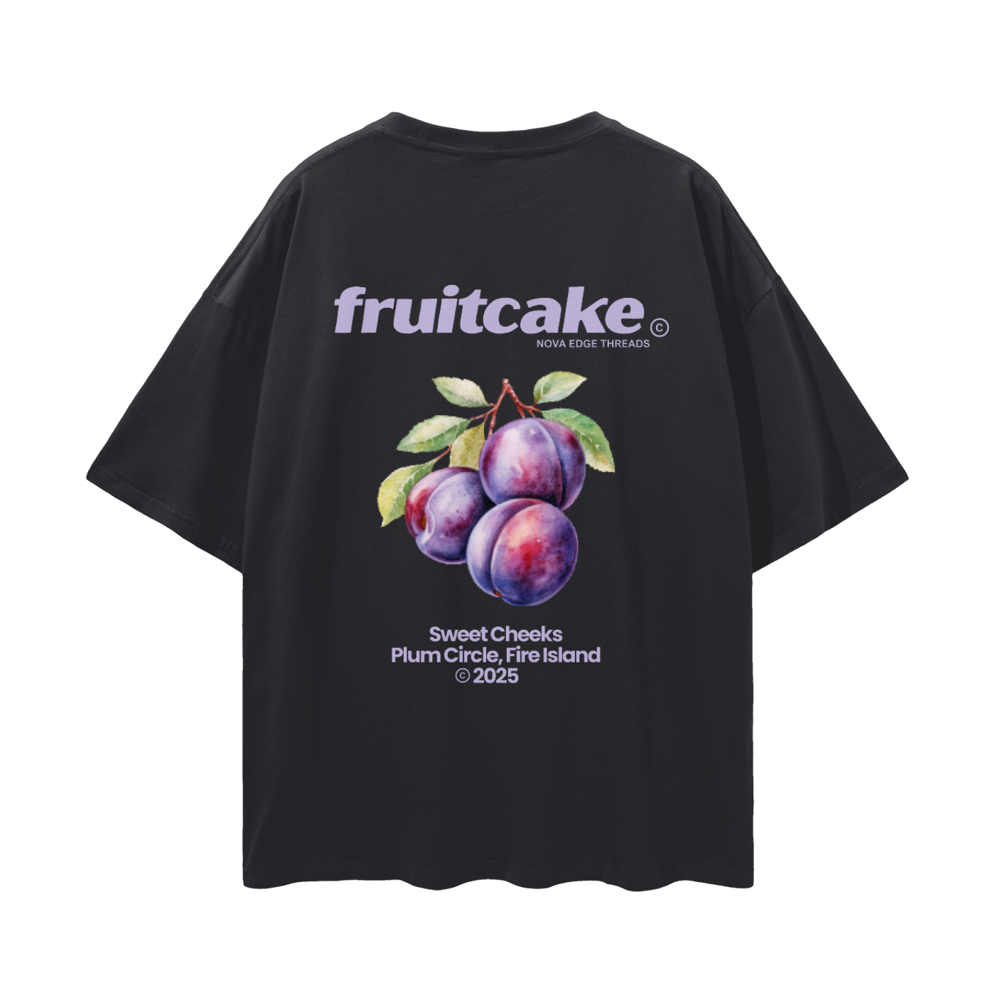 Fruitcake T-Shirt Purple Plum on back of Gay Pride Black Oversize Tee Oversize Deep Drop Shoulder Tee - 190 GSM