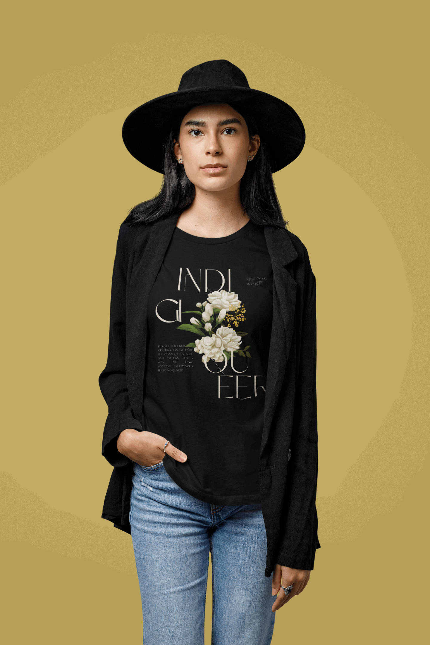 Indigiqueer Pride Vintage Flower Design on front of Black Relaxed Fit Sleeveless Tank Top