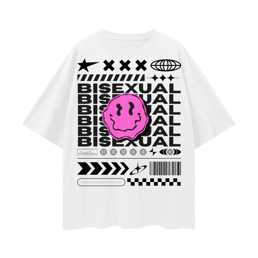 Bi-sexual Pride T-Shirt Streetwear Style on front of White Oversize Deep Drop Shoulder Tee - 190 GSM