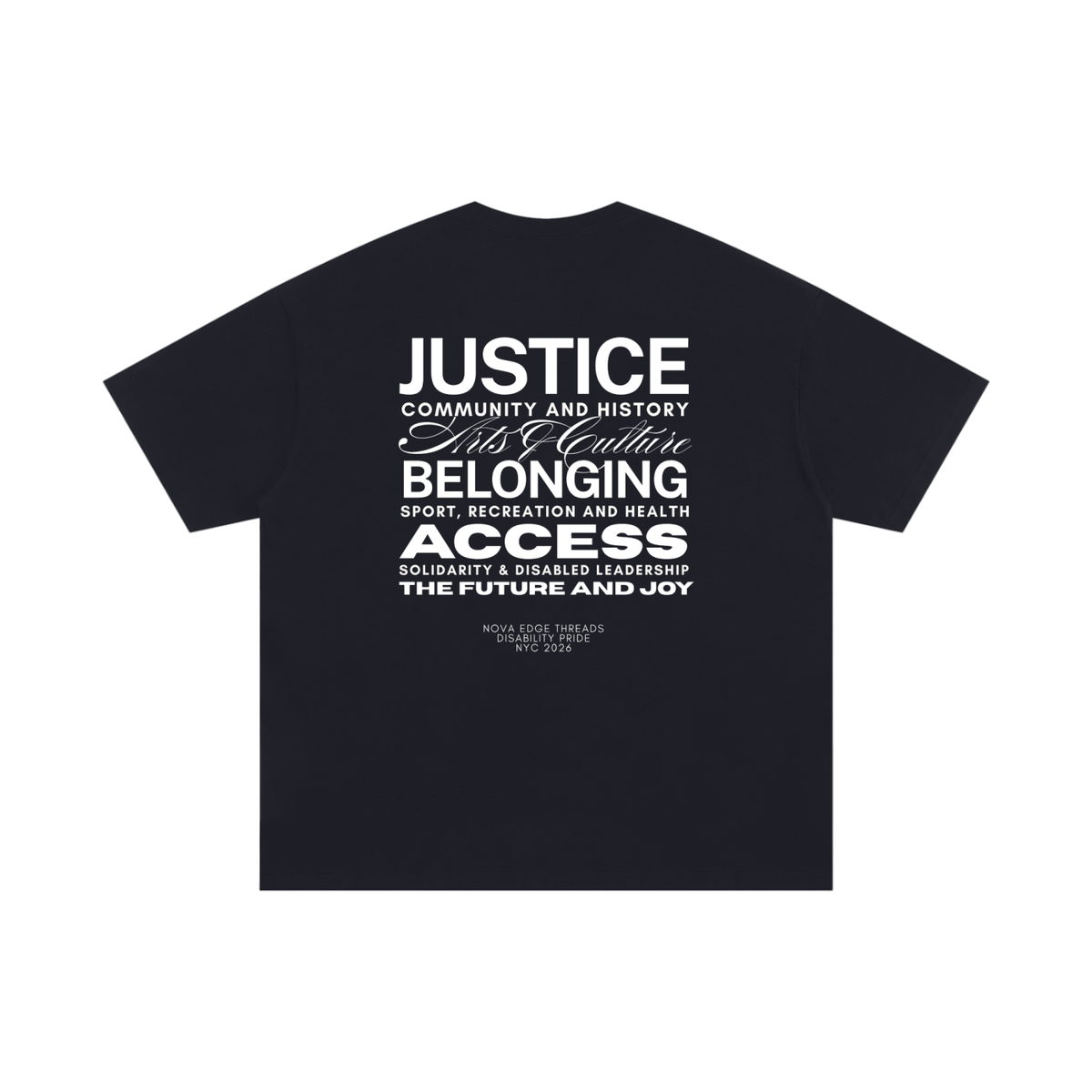 Disability Pride 2026 Theme Word Art on back of Black Oversized Tee