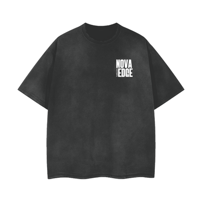 Nova Edge Threads Logo Streetwear Tee on Black Gray Vintage Wash Frayed T-Shirt - 260 GSM