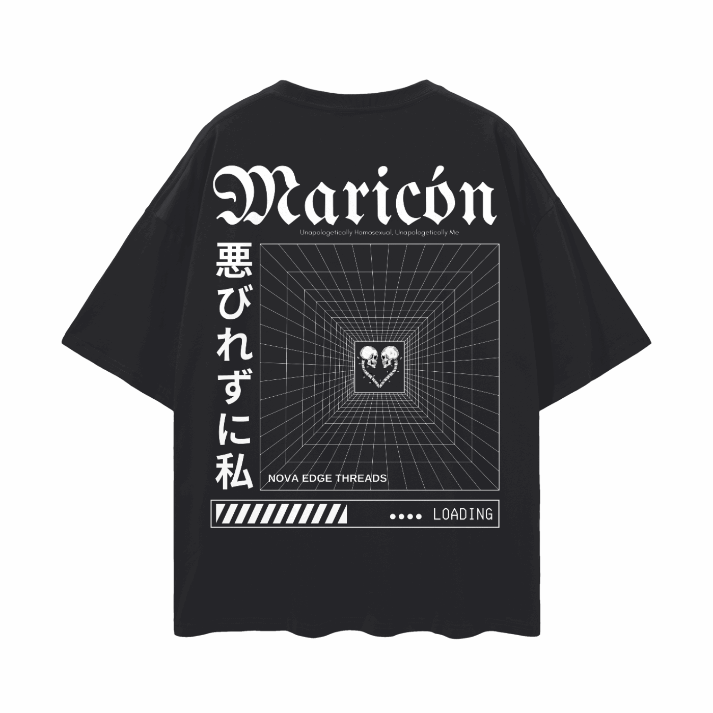 Unapologetically Maricón Japanese Streetwear Style on back of Black Oversize Deep Drop Shoulder Tee