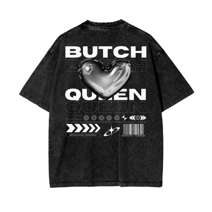 Butch Queen Graphic Tee Intersectional Pride Streetwear Style on Black Acid Wash Oversize T-Shirt - 250 GSM