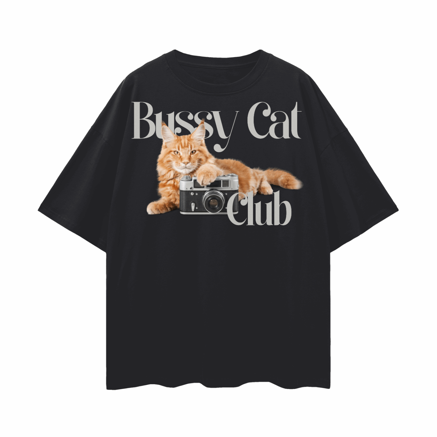 Bussy Cat Club Vintage Style Graphic T-Shirt front of Black Oversize Deep Drop Shoulder Tee