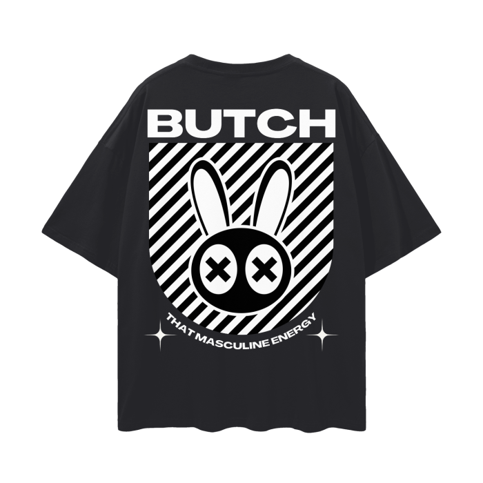 Butch Graphic Tee That Masculine Energy Pride Gear on Black Oversize Deep Drop Shoulder Tee - 190 GSM