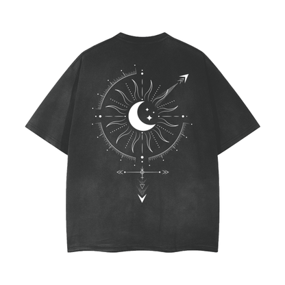 Bi Gender or Intersex Gender Symbol Design on Black Gray Vintage Wash Frayed T-Shirt - 260 GSM