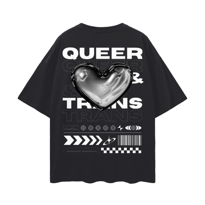 Queer & Trans Pride Streetwear Tee Chrome Heart on Black Oversize Deep Drop Shoulder Tee - 190 GSM