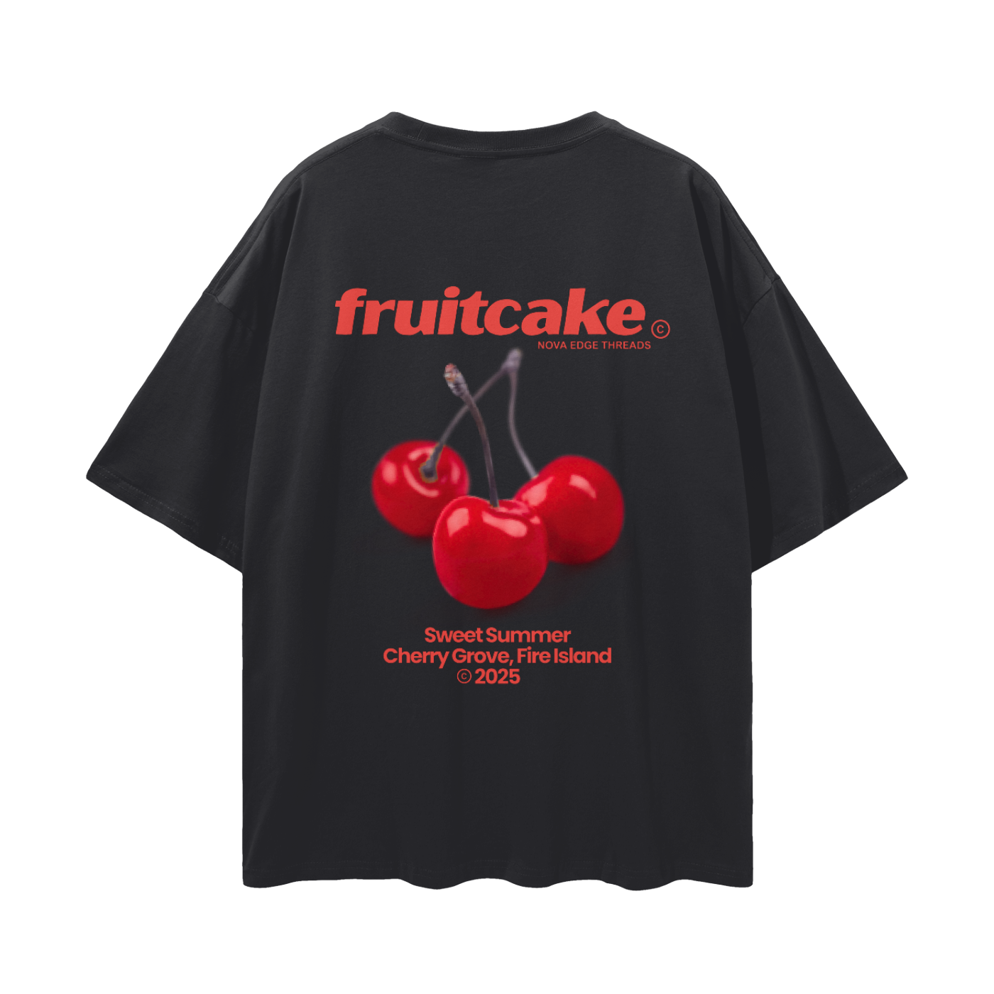 Fruitcake T-Shirt Red Cherry on back of Gay Pride Black Oversize Tee Oversize Deep Drop Shoulder Tee - 190 GSM