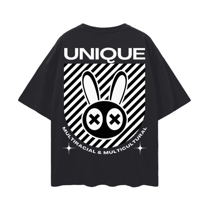 Unique Mad Rabbit Multiracial and Multicultural Pride Streetwear Tee on back of Black Oversize Deep Drop Shoulder Tee - 190 GSM