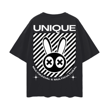 Unique Mad Rabbit Multiracial and Multicultural Pride Streetwear Tee on back of Black Oversize Deep Drop Shoulder Tee - 190 GSM