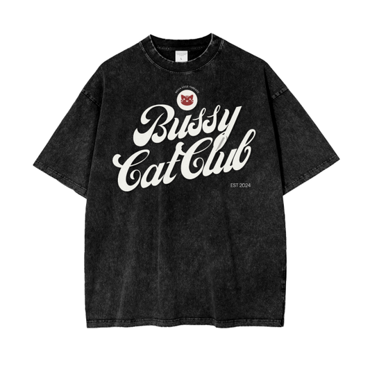 Bussy Cat Club T-Shirt Gay Pride Vintage Style on Black Acid Wash Oversize T-Shirt - 250 GSM