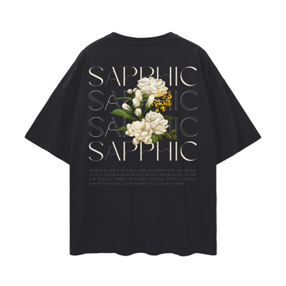 Sapphic Pride T-Shirt Vintage Flowers on Black Oversize Deep Drop Shoulder Tee - 190 GSM