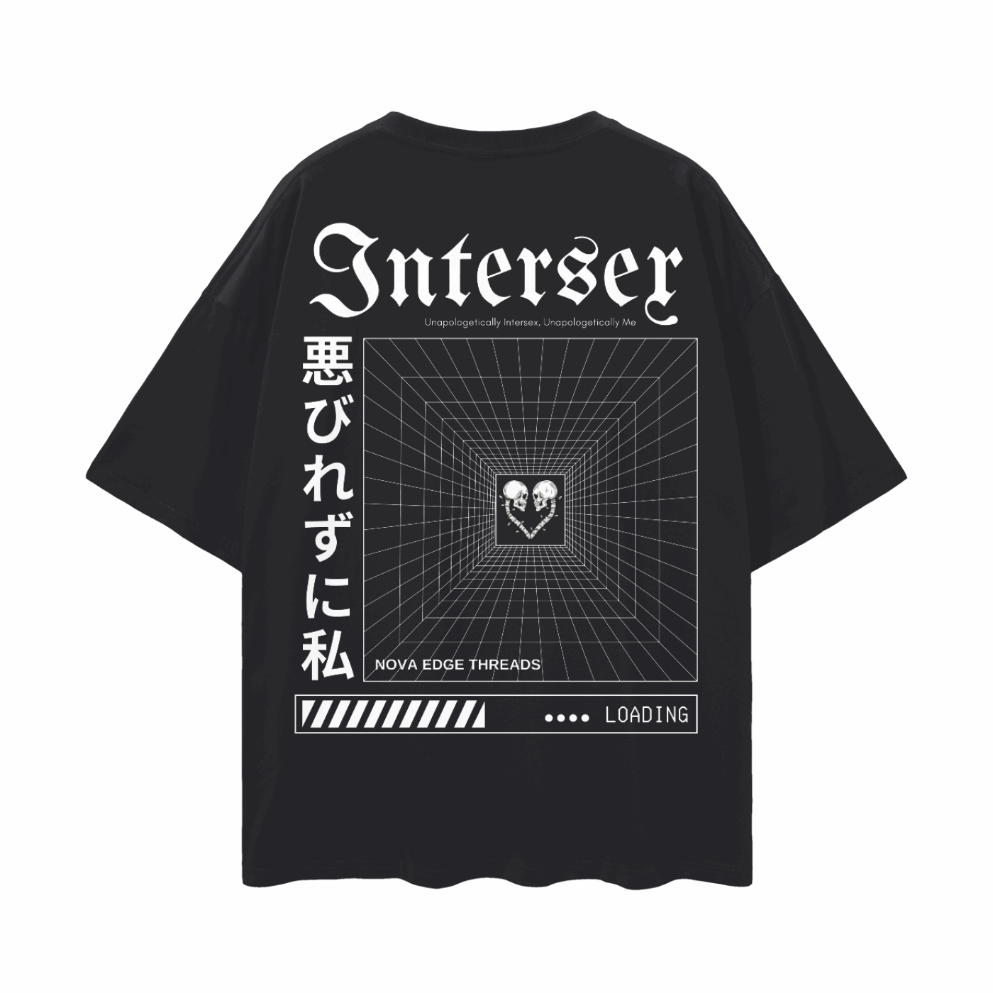 Unapologetically Intersex Japanese Streetwear Style on back of Black Oversize Deep Drop Shoulder Tee