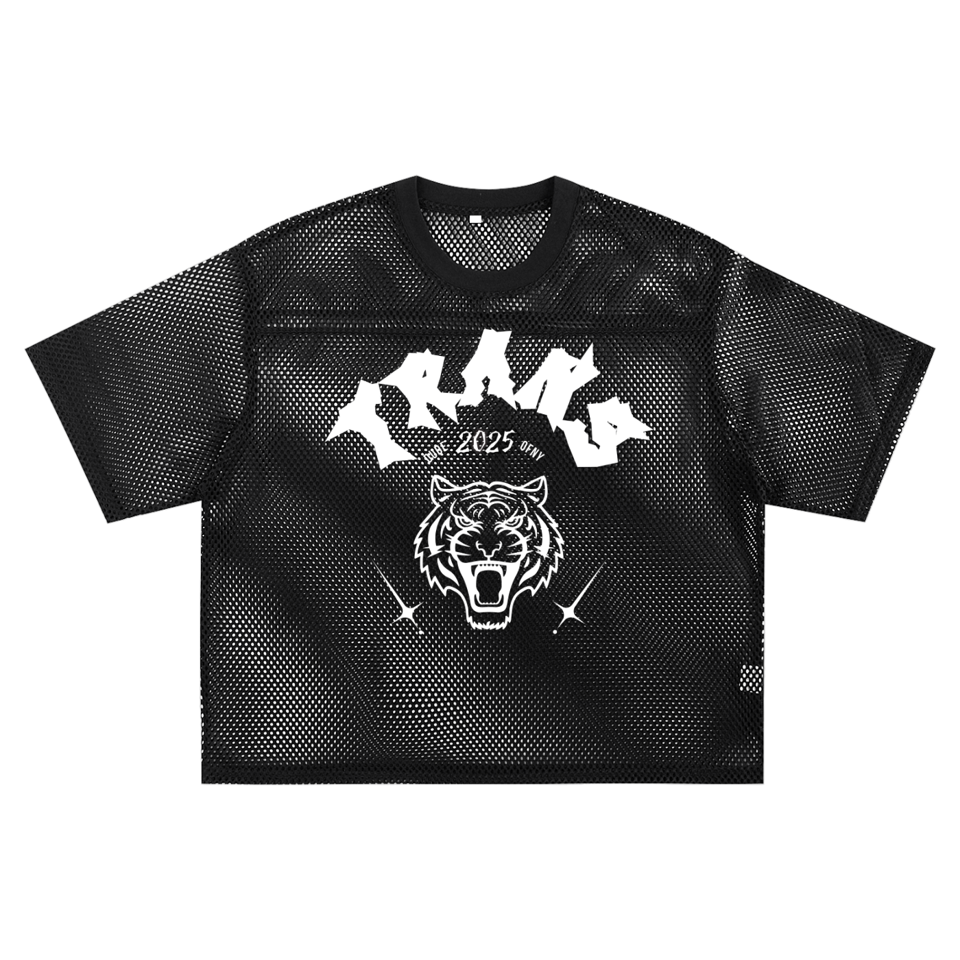 Trans Dude of NY Punk Tattoo Inspired Design front of Black See-through Boxy Net T-shirt See-through Boxy Net T-Shirt