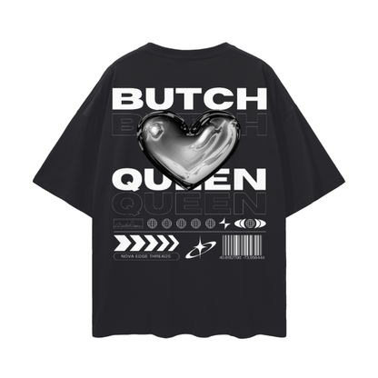 Butch Queen Graphic Tee Chrome Heart Streetwear Fashion Black Pride Oversize Deep Drop Shoulder Tee - 190 GSM