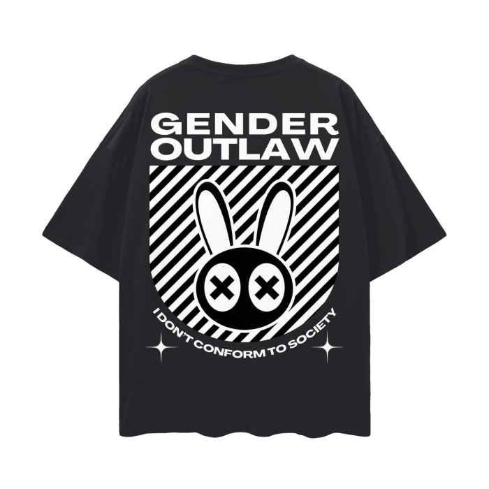 Gender Outlaw Black and White Rabbit Streetwear Graphic Tee on Black Oversize Deep Drop Shoulder Tee - 190 GSM