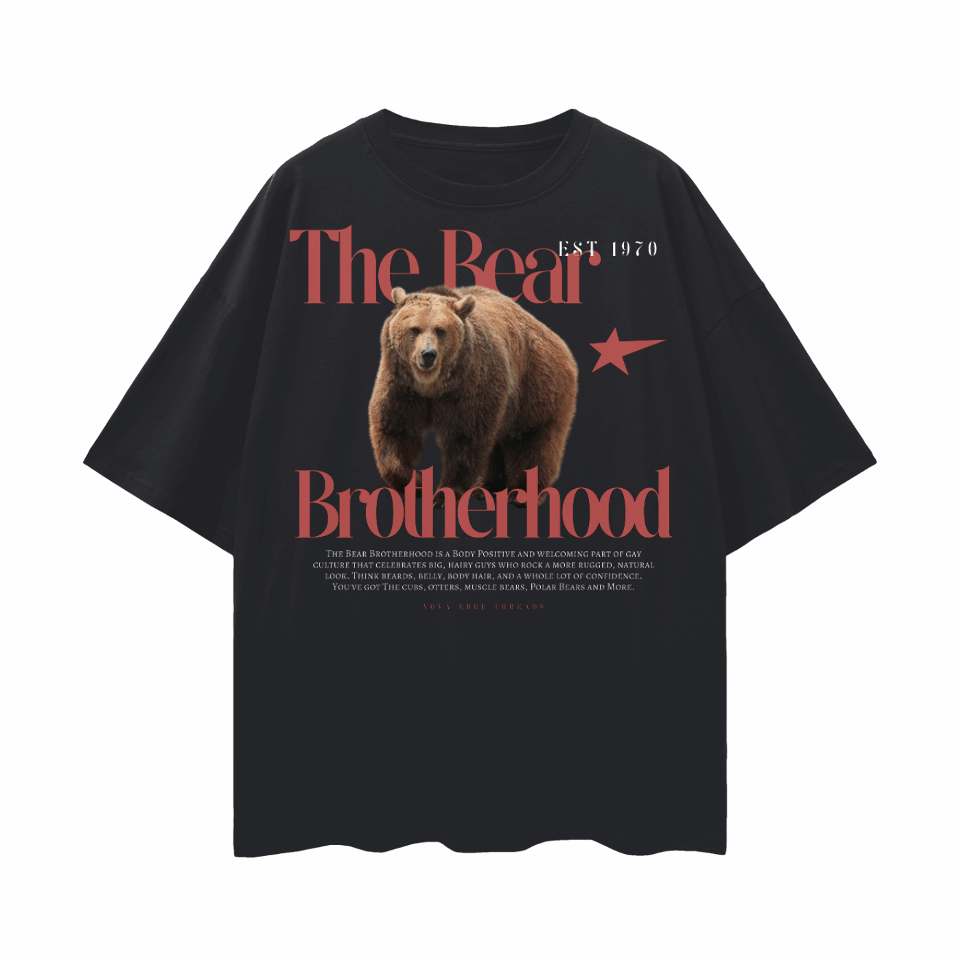 The Bear Brotherhood Gay Pride T-Shirt on front of Black Oversize Deep Drop Shoulder Tee