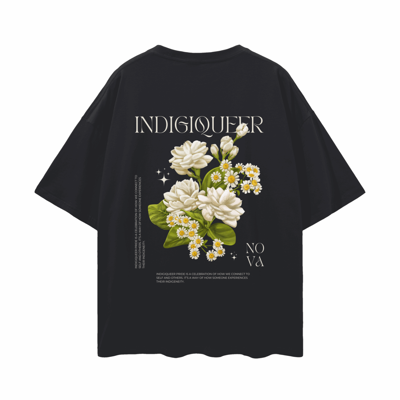 Indigiqueer Pride T-shirt Cream Flower back Design on Black Oversize Deep Drop Shoulder Tee