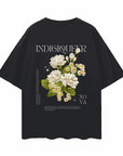 Indigiqueer Pride T-shirt Cream Flower back Design on Black Oversize Deep Drop Shoulder Tee