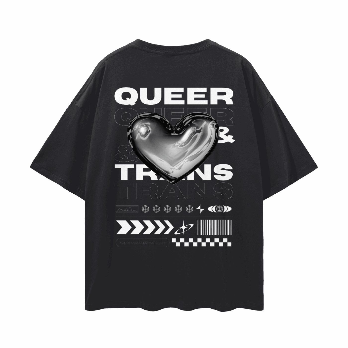 Queer & Trans Pride Chrome Heart Streetwear-Inspired Back Design on Oversize Tee Oversize Deep Drop Shoulder Tee - 190 GSM