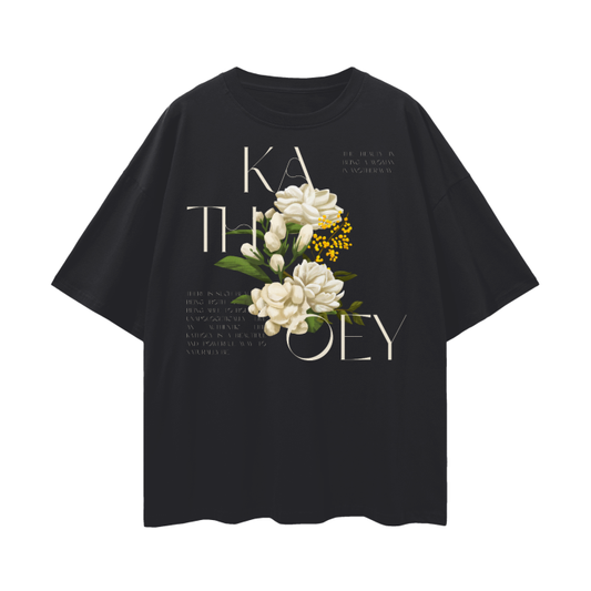 Kathoey Vintage Flower Graphic Tee for Thai Pride Third Gender Diversity on Black Oversize Deep Drop Shoulder Tee - 190 GSM