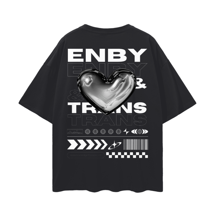 Enby & Trans Pride Graphic Tee Streetwear Style Chrome Heart Black Oversize Deep Drop Shoulder Tee - 190 GSM