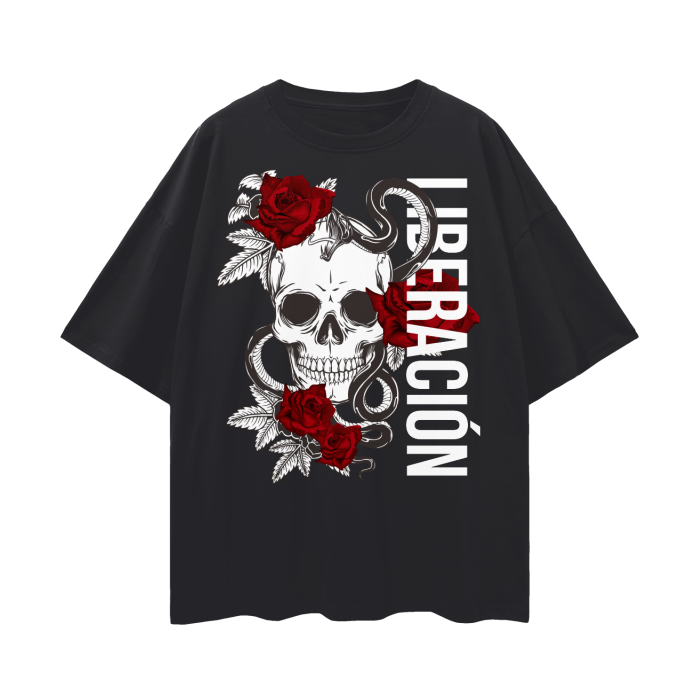 Liberación Skull & Roses Graphic Tee Tattoo Culture Streetwear Spanish Pride Oversize Deep Drop Shoulder Tee - 190 GSM